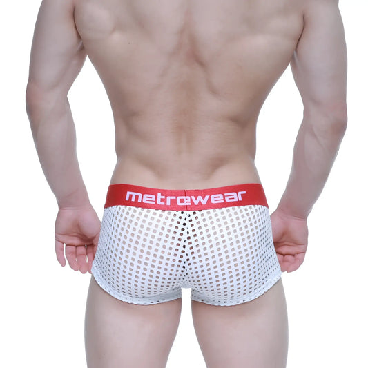 White mesh briefs with a red metrowear logo waistband from MetroMaleWear mild short boxer 2026-67 collection