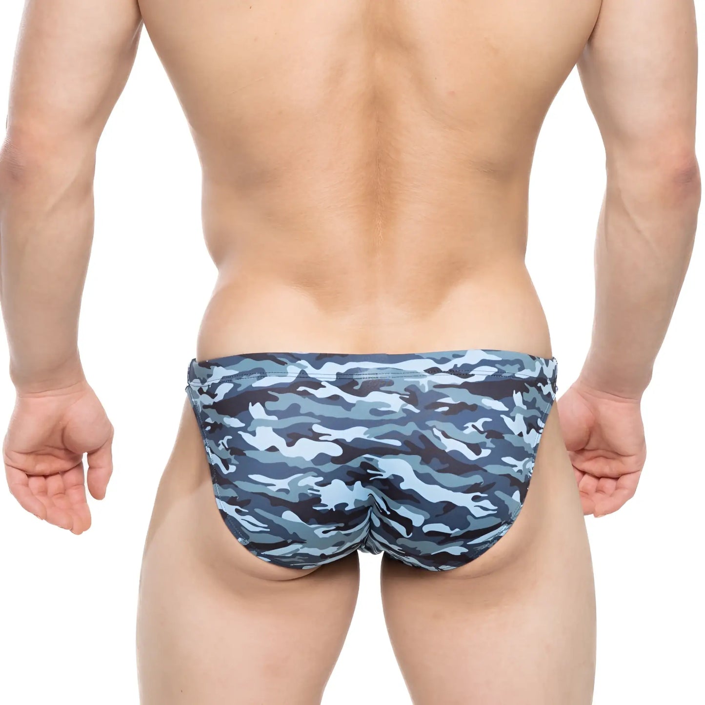 Metro male wear military swim bikini navy 4937-92 blue and gray camouflage patterned swim trunks front view