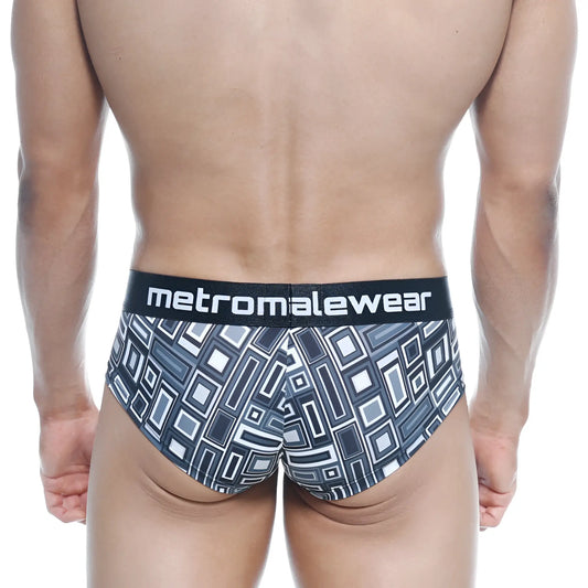 Black and white geometric-patterned men’s briefs with branded waistband metroMalewear mini cheek boxer Basalto 2025-23