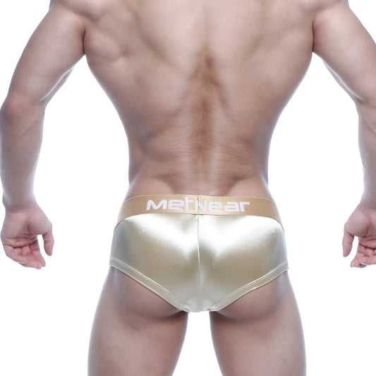 MetroMaleWear mini cheek boxer briefs in gold metallic with a beige waistband branded mennear in white lettering
