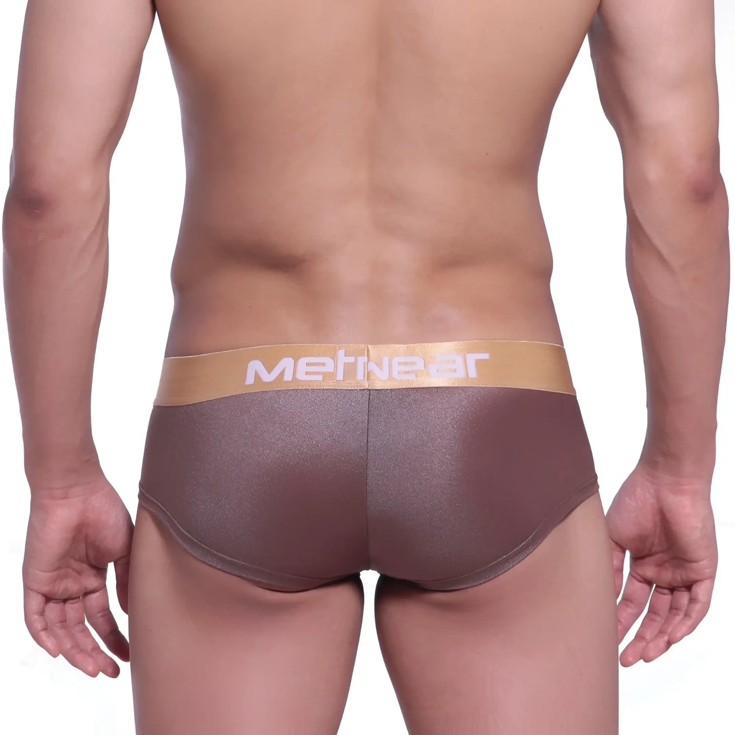 Brown metallic-textured men’s briefs with a tan metnear waistband from metroMalewear mini cheek boxer spark gold 2025-21