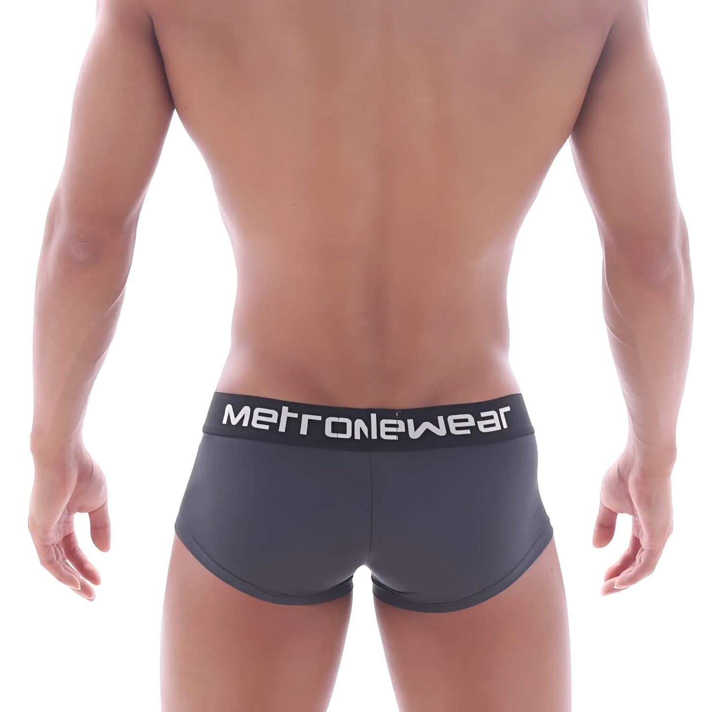 Dark gray metronewear mini cheek boxer briefs with black waistband and white lettering for men twilight 2025 11 model