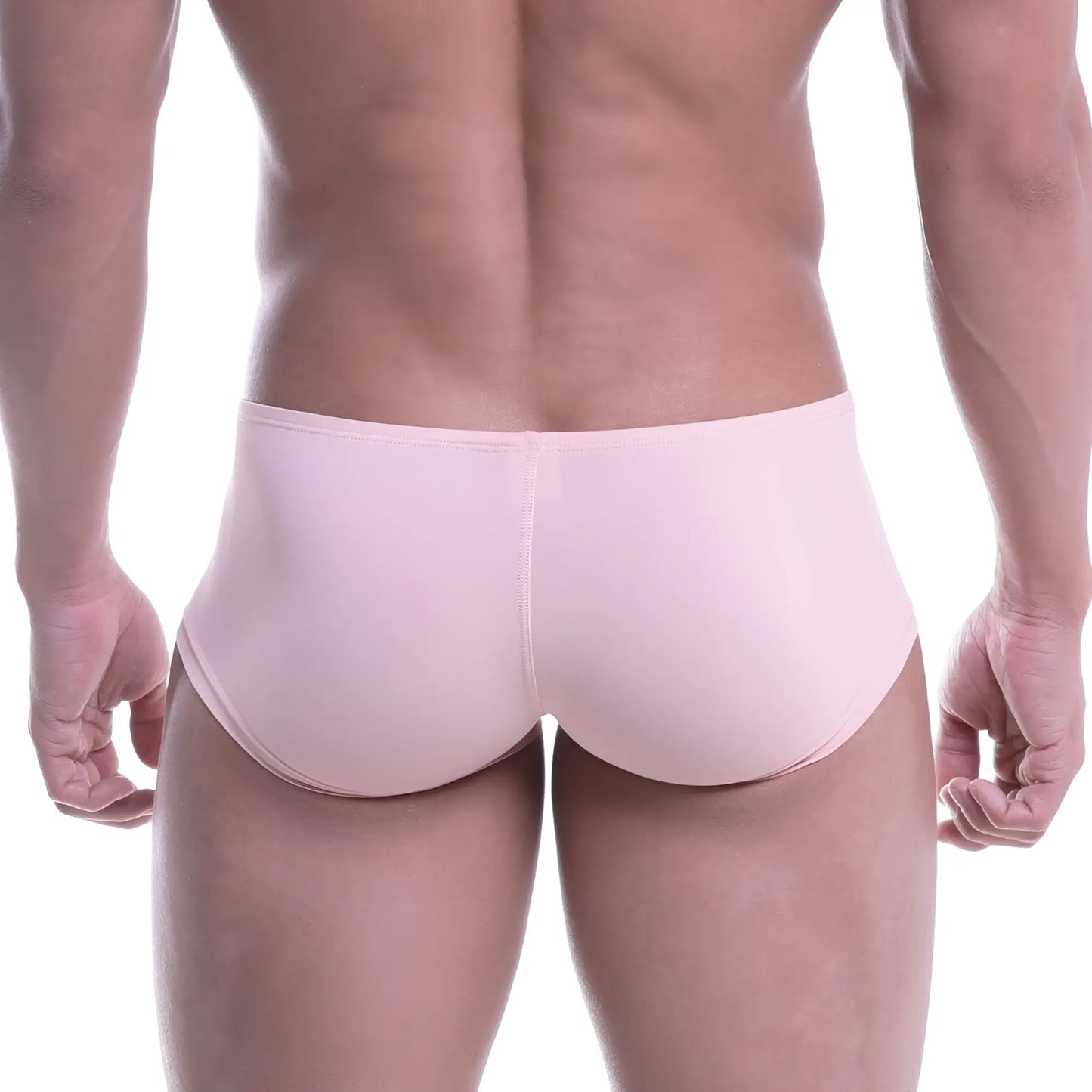 Metro malewear minimo boxer dusty pink form-fitting briefs made of smooth stretchy fabric shown from the back side