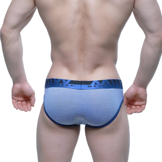 Blue and white striped men’s briefs with navy metroman waistband metro malewear miramar bikini blue 2803-42