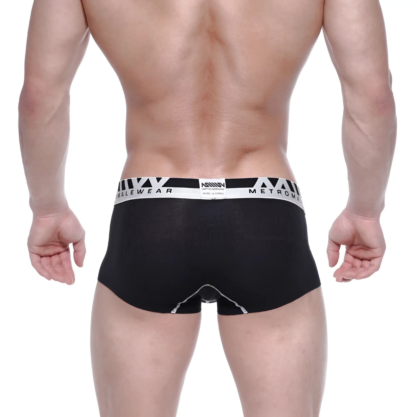 Black mens briefs with white metroman waistband made of textured modal fabric from metro male wear seamless trunk line