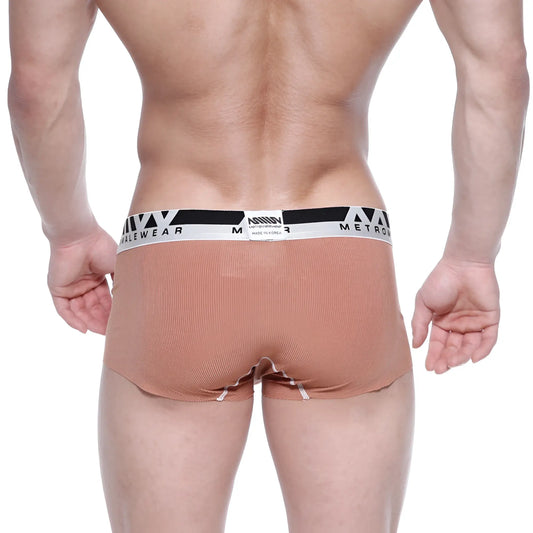 Tan modal seamless ribbed men’s briefs with a black and white branded waistband from MetroMaleWear brown 1123-23