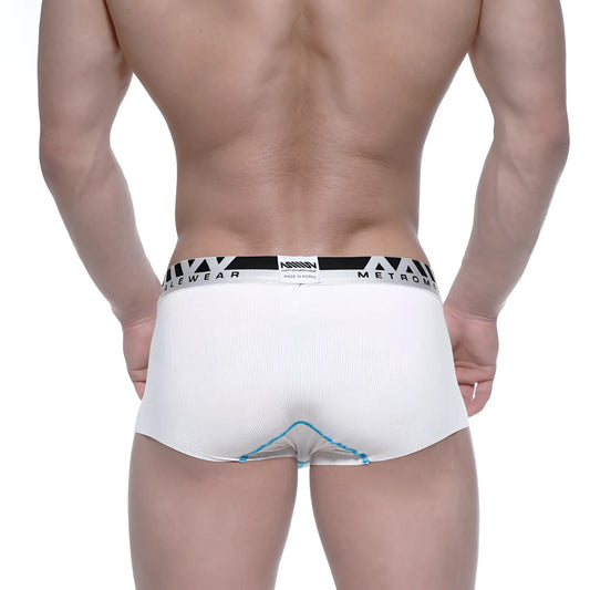 White ribbed men’s modal seamless trunk briefs with black and white metrom waistband and light blue leg stitching