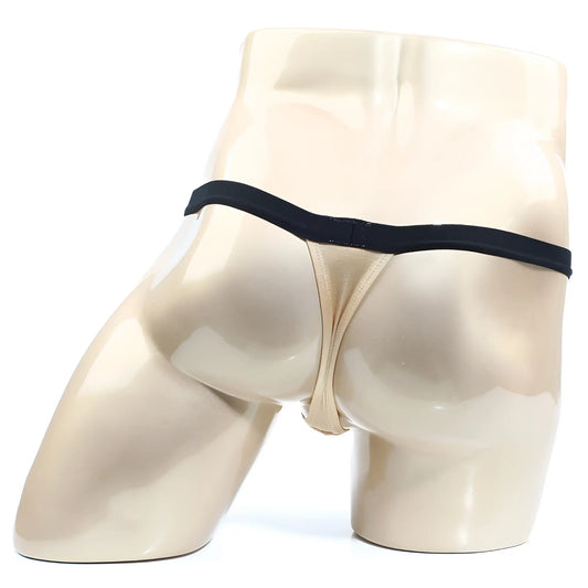 Beige thong with black elastic waistband from metromalewear modernizing thong gold 3002-m21 showing the front side