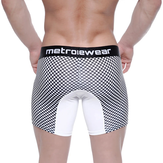 Black and white checkered men’s boxer briefs with white back panel and black metroiewear waistband showing back side