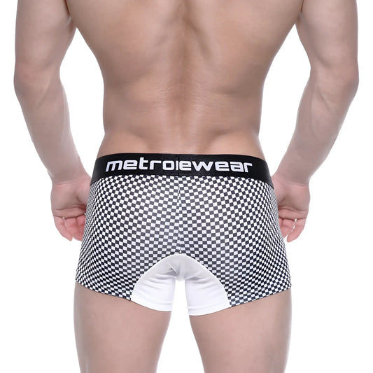 MetroMaleWear mosaic short boxer 7 inch black and white checkered briefs with white crotch panel and metroiewear waistband