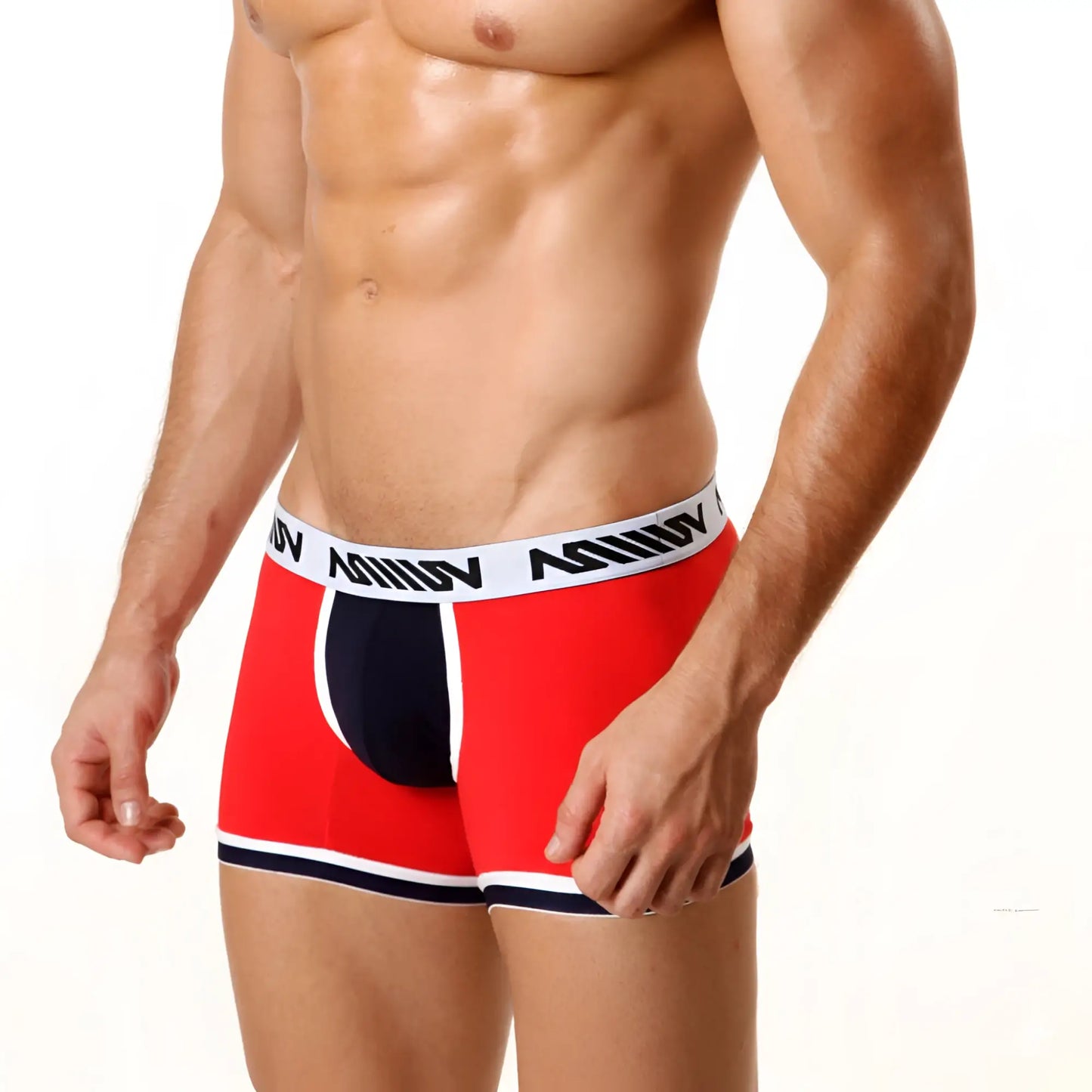 Red and navy blue metro male wear 7 inch boxer briefs with white waistband and anv logo for comfortable support