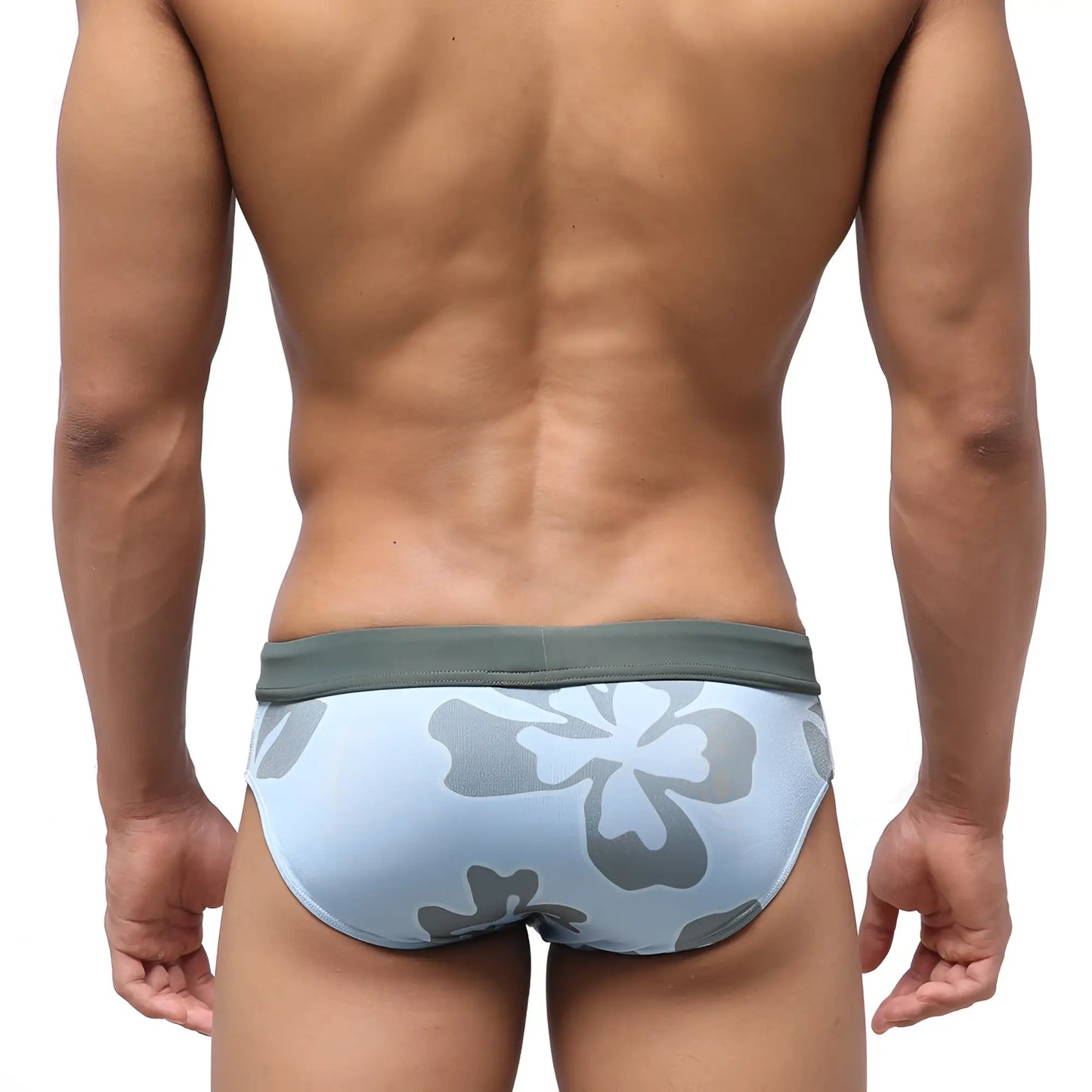 MetroMaleWear nature swim brief 4916-52 light blue swim trunks with gray floral pattern and olive green waistband