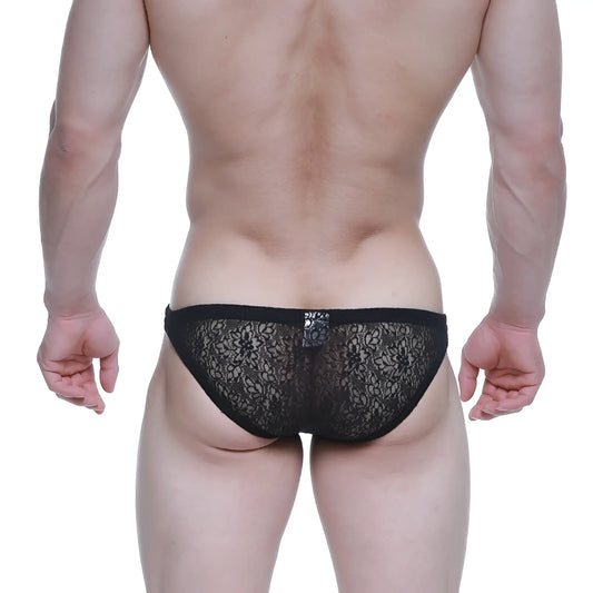 MetroMaleWear net bikini lace black briefs with delicate floral lace pattern and solid waistband front view