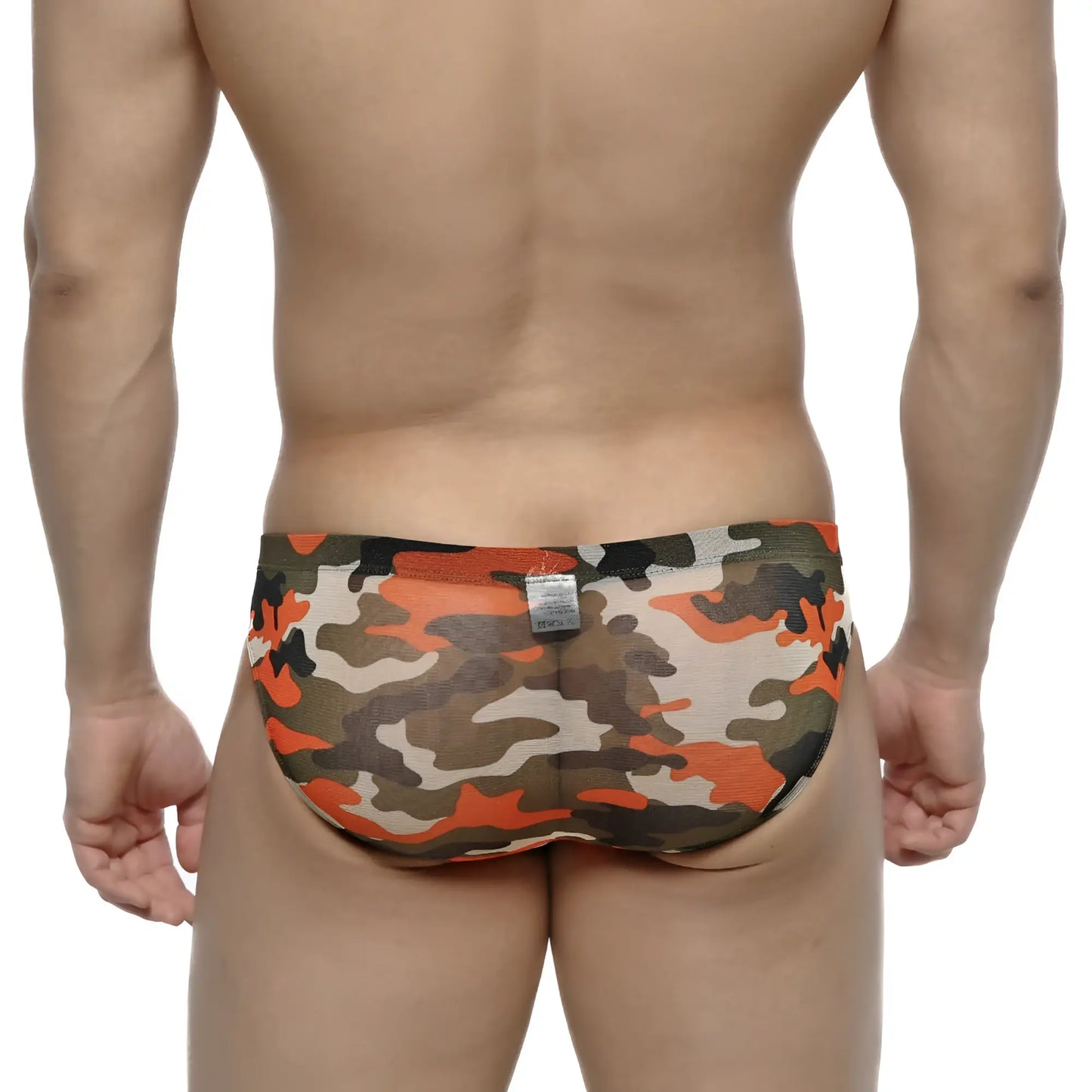 MetroMaleWear orange camo hip brief 5103-80 made of stretchy fabric with orange green and beige camouflage pattern