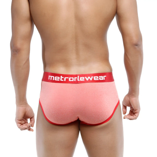 Pink textured briefs with red trim and matching red metroMaleWear logo waistband metroMaleWear oriental brief orange 5005-14
