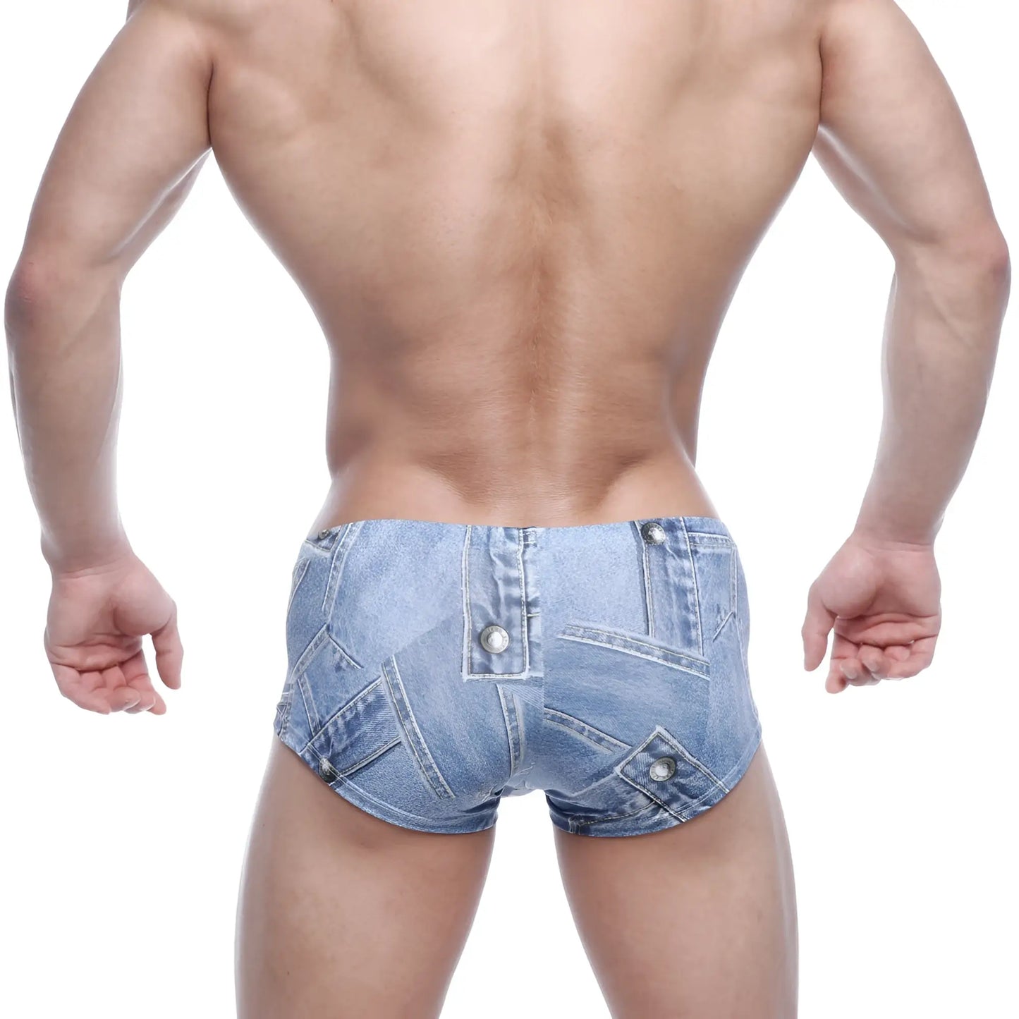Light blue denim boxer shorts with a patchwork design, multiple pockets, and button details by MetroMaleWear.