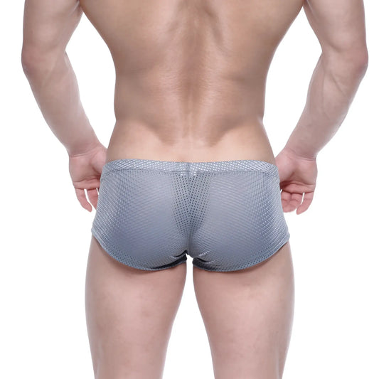 MetroMaleWear Oscar boxer gray mesh briefs with subtle pattern and black trim shown from front side