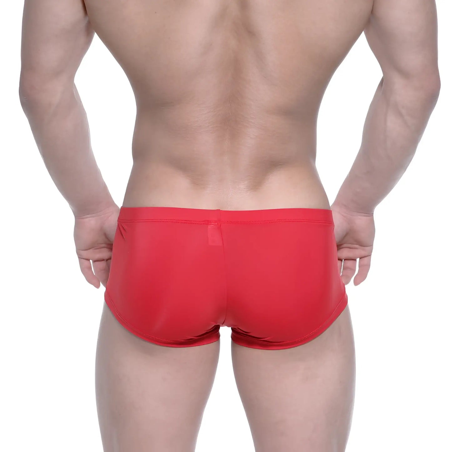 Back view of metallalewear oscar boxer red form-fitting swim trunks with smooth stretchy fabric and small back pocket