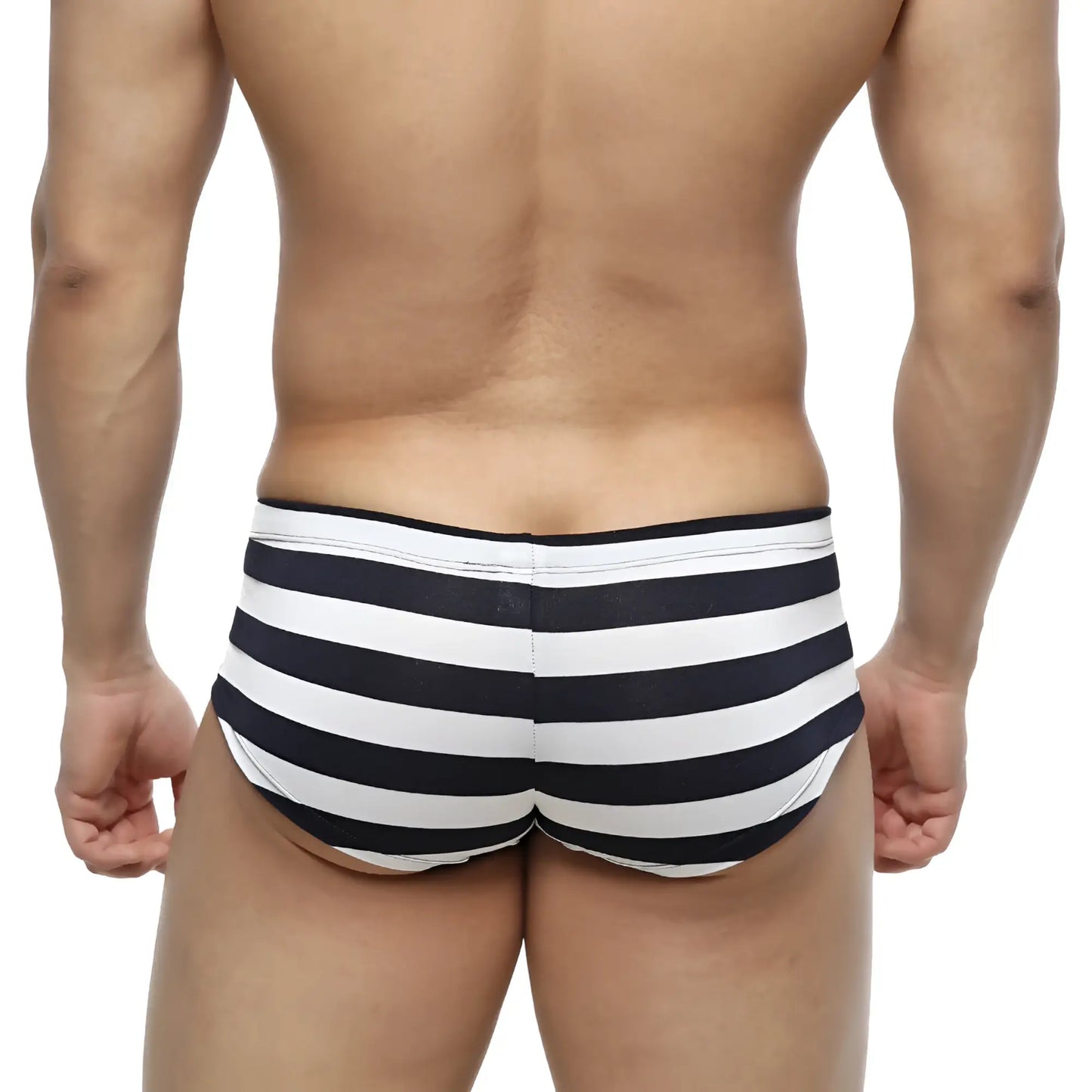 MetroMaleWear Oscar Boxer Stripe 2125-41 black and white striped men’s swim trunks with horizontal pattern