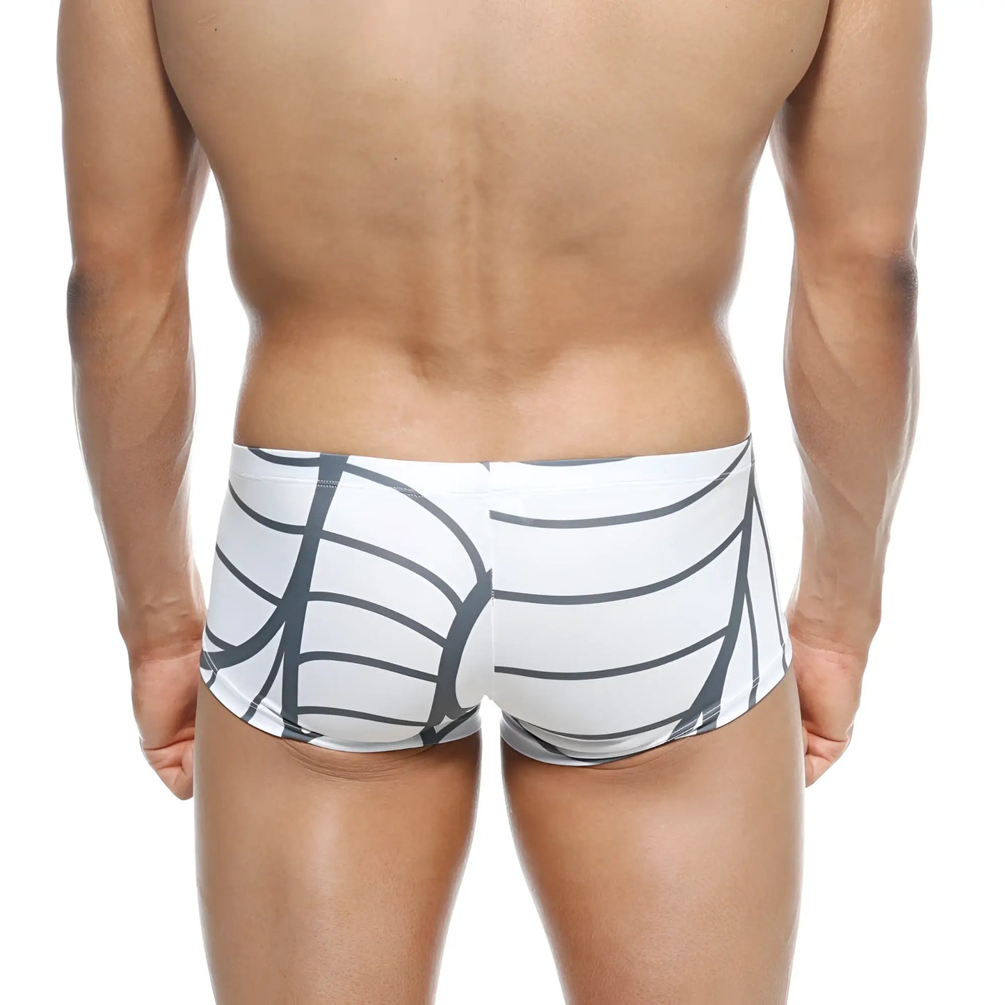 MetroMaleWear Oscar boxer swim trunks in white with bold black geometric ribcage pattern for men