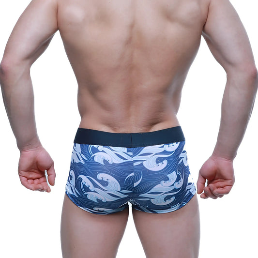 Blue and white wave patterned metroMalewear pado short boxer briefs with black elastic waistband for men