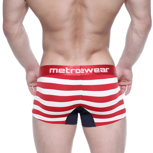 Back view of metro2wear metroMalewear patriot short boxer 7 inch 2022-91 red white striped briefs with navy panel
