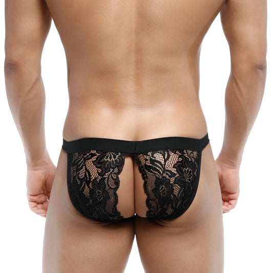 MetroMaleWear Peek-A-Boo bikini black lace thong with intricate floral patterns and solid elastic waistband