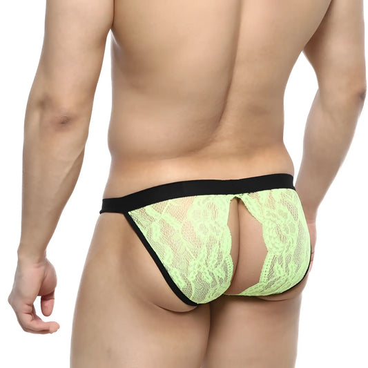 Lime green lace thong with black elastic waistband front view from metrmalewear peek-a-boo bikini green 1204-07