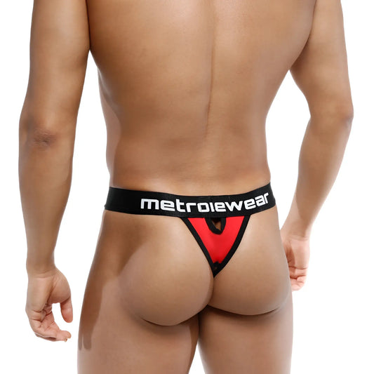 Red and black metroMaleWear peek-a-boo thong with branded waistband showcasing the back side of the product