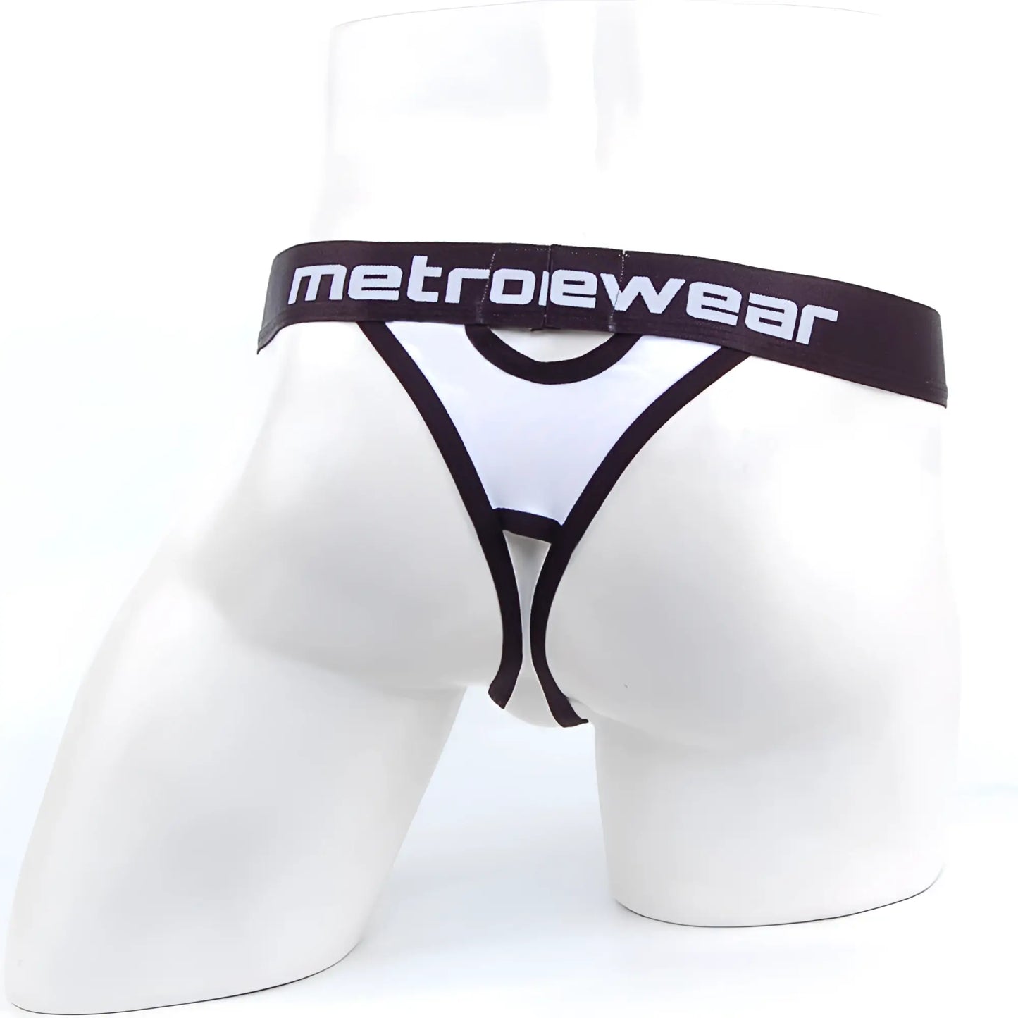 White and black metrowear peek-a-boo thong with bold contrasting design and mesh fabric for stylish male wear