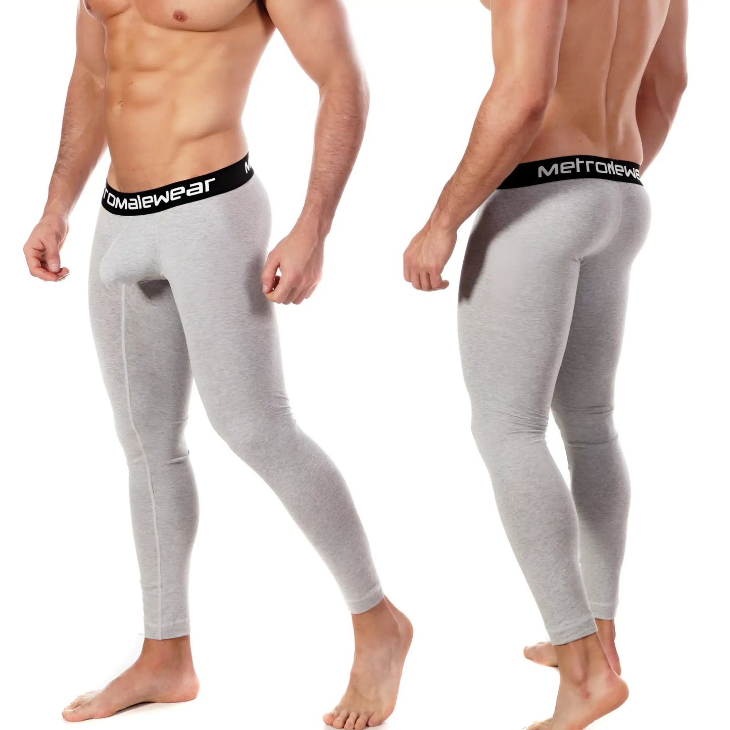 Gray heathered men’s cotton compression tights with black elastic waistband and metrowear branding front view