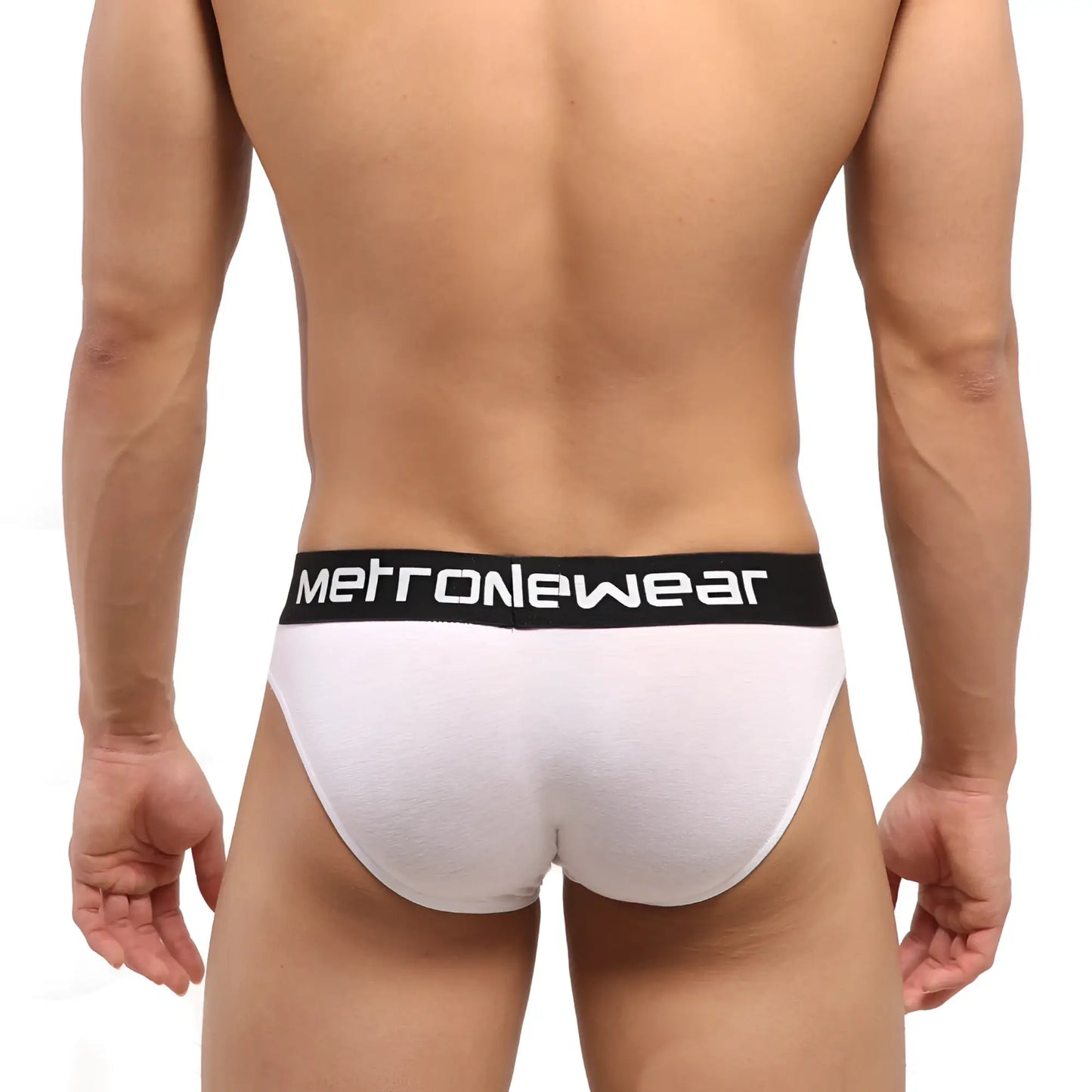 White men’s briefs with black metronewear waistband in core white perfect scene hip brief design