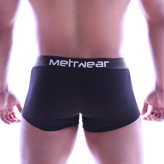 Metro malewear perfect scene hip trunk black boxer briefs with gray waistband and white lettering for comfort wear