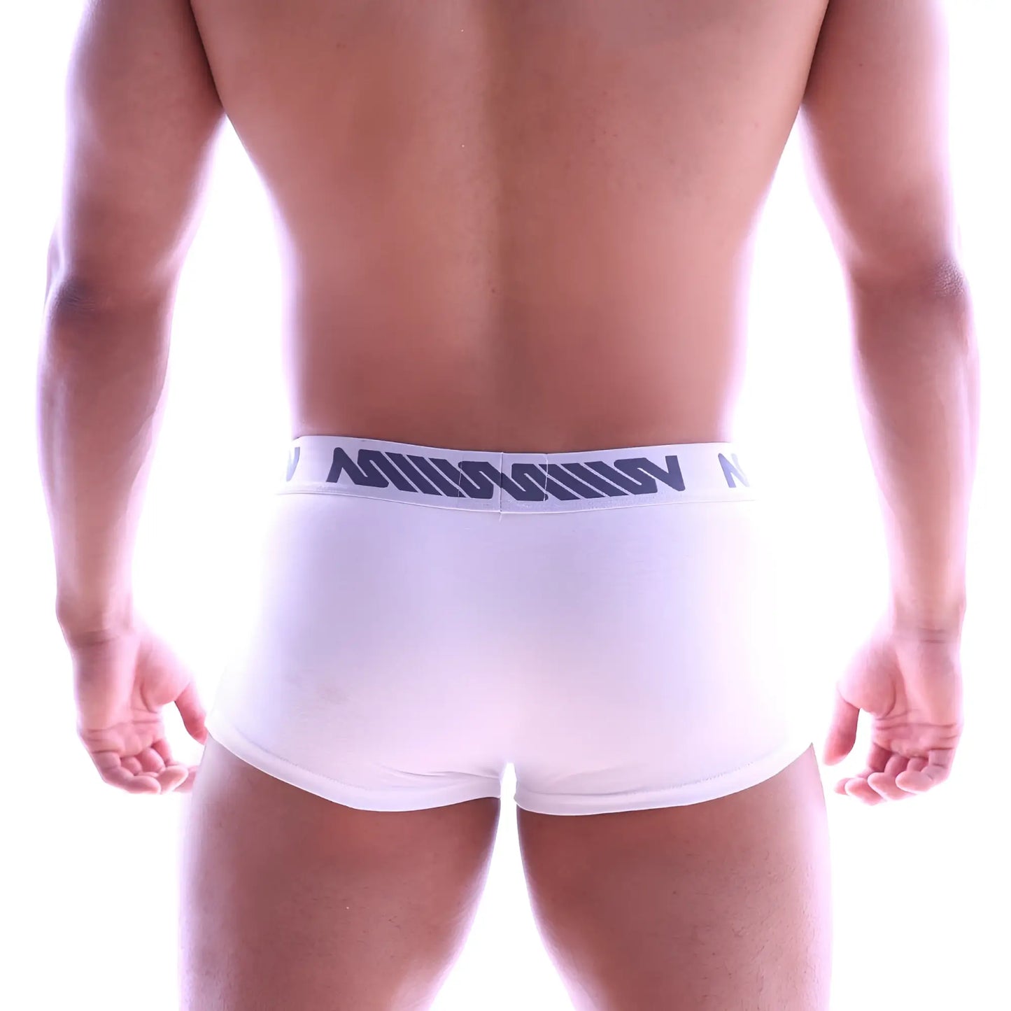 White men’s briefs with a navy blue logo band from metromalewear perfect scene hip trunk white 1013-02