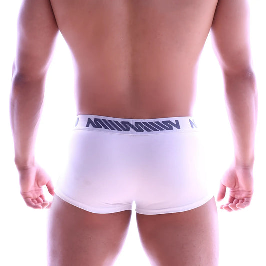 White men’s briefs with a navy blue logo band from metromalewear perfect scene hip trunk white 1013-02
