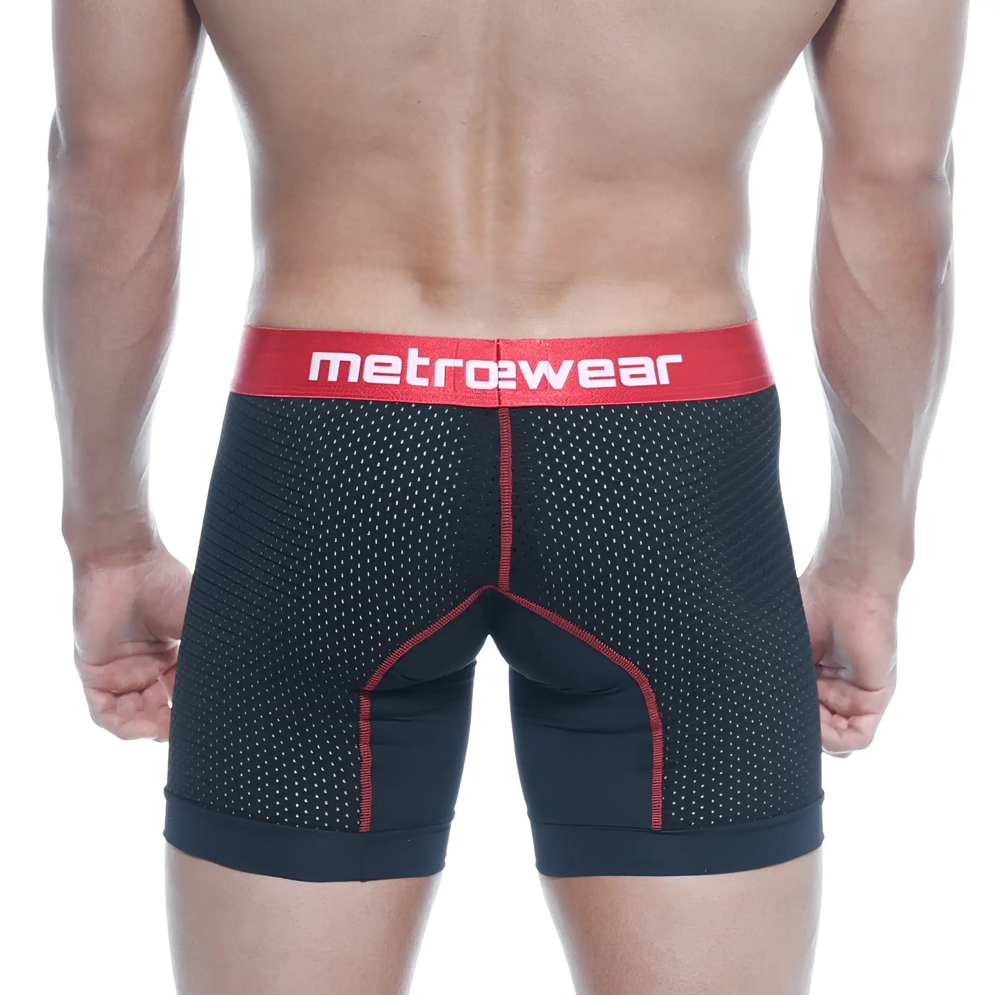 Metro male wear performance black mesh boxer briefs with red trim and bold metrowear logo waistband 2023-p20