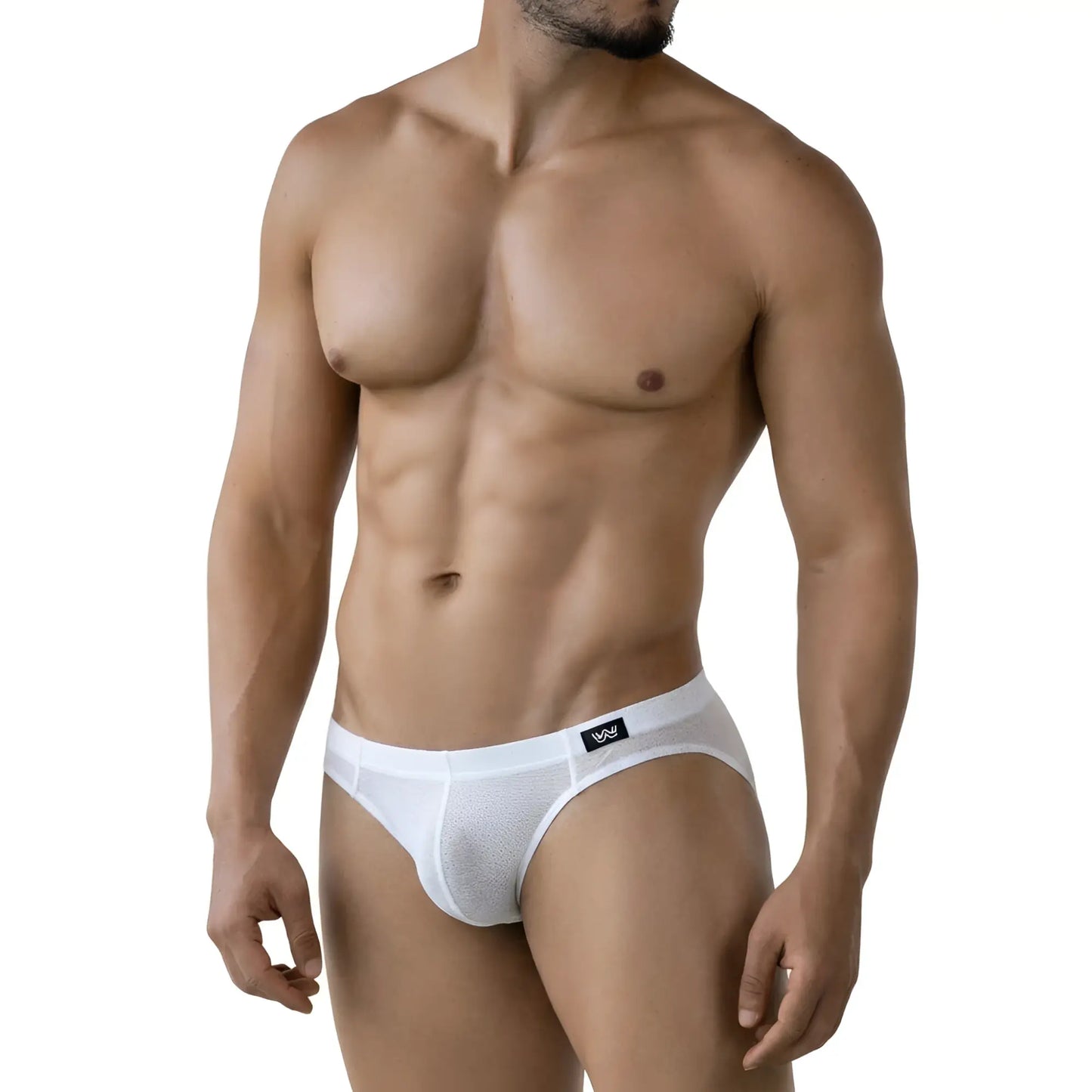 White mesh briefs by metromalewear featuring a black logo waistband in the perla bikini 5103-18 style