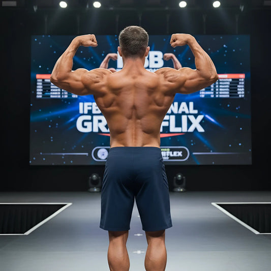 A muscular man wearing navy blue MetroMaleWear Physique board shorts stands on stage showing the back side