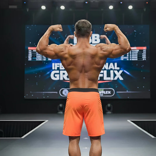 A muscular man showcases the back of metro malewear physique board short orange-black with a black waistband