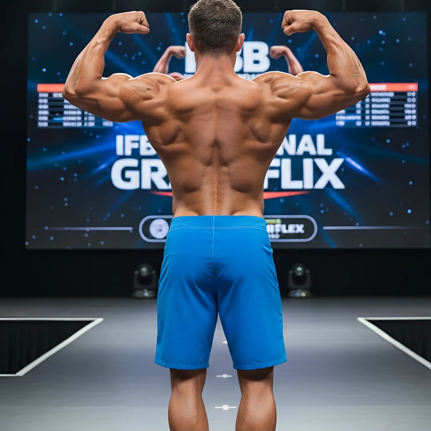 A muscular man wearing metro malewear physique board shorts royal blue 4706-18 showcasing defined back muscles