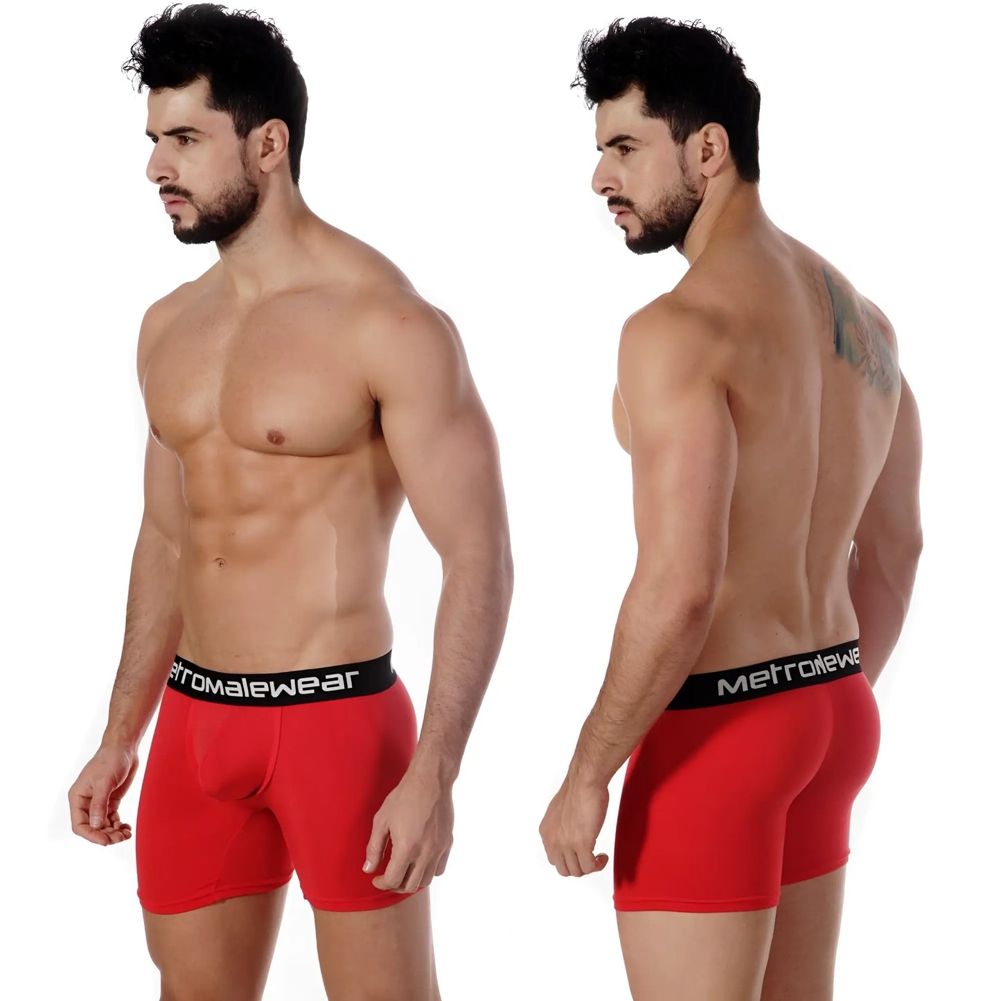 Red men’s pima cotton boxer briefs with black waistband and metromalewear branding for comfortable daily wear