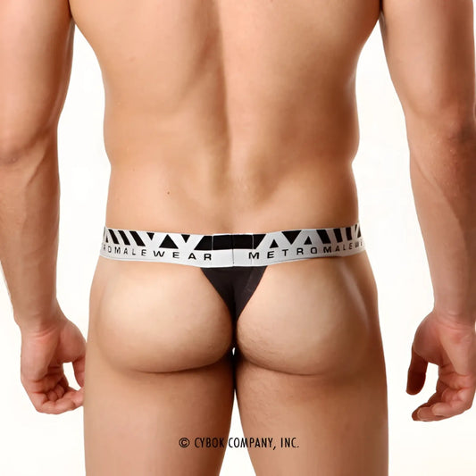 Black pima cotton hip thong with white metromalewear logo waistband and geometric patterns charcoal color