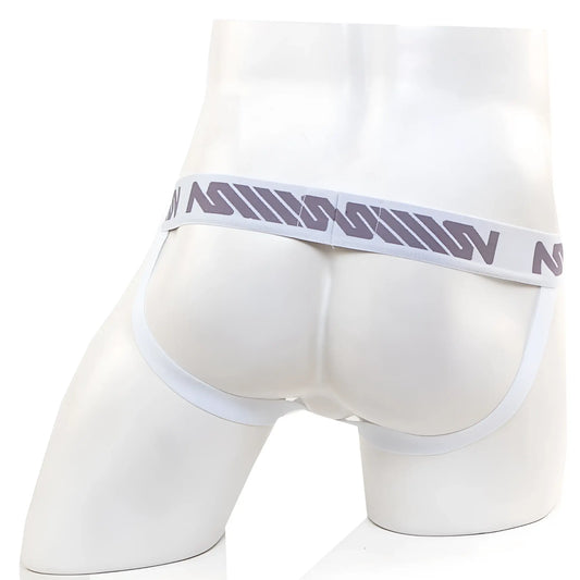 White men’s briefs with gray patterned waistband featuring stylized lettering from MetroMaleWear pocket jock strap pine green collection