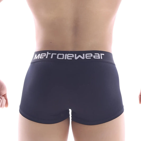 MetroMaleWear pocket short boxer briefs in black with white logo waistband designed for comfortable everyday wear