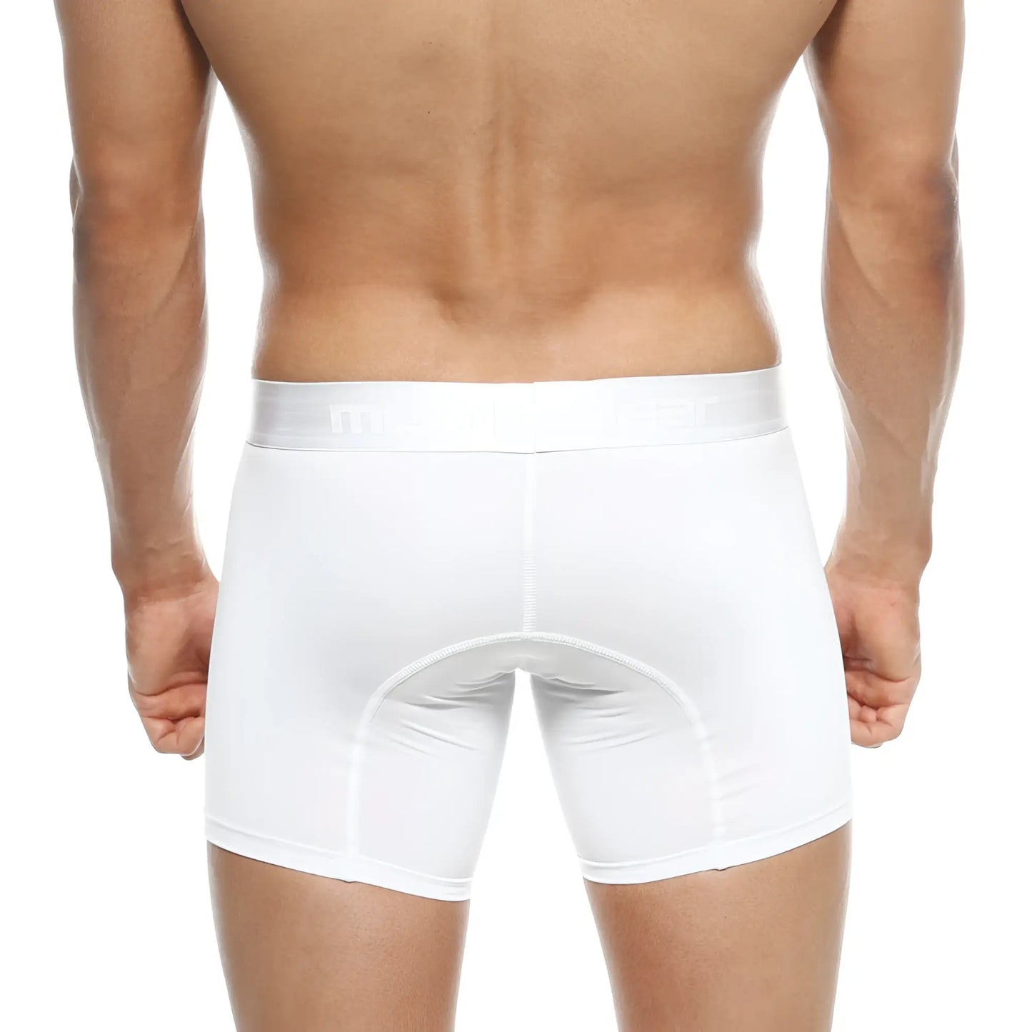 White men’s snug fit boxer briefs in polyester with reinforced seams from MetroMaleWear mid boxer crystal 10 inch 2023-01