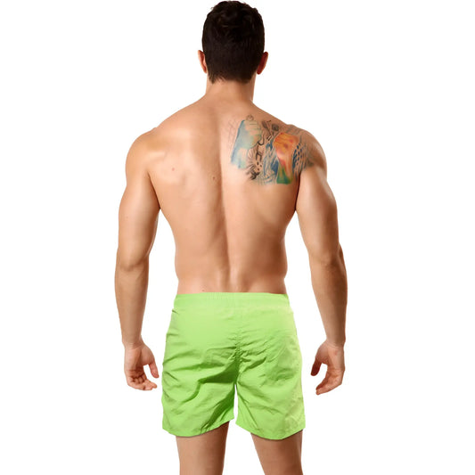Bright lime green MetroMaleWear pool party swim trunks designed for comfort and style at the pool or beach