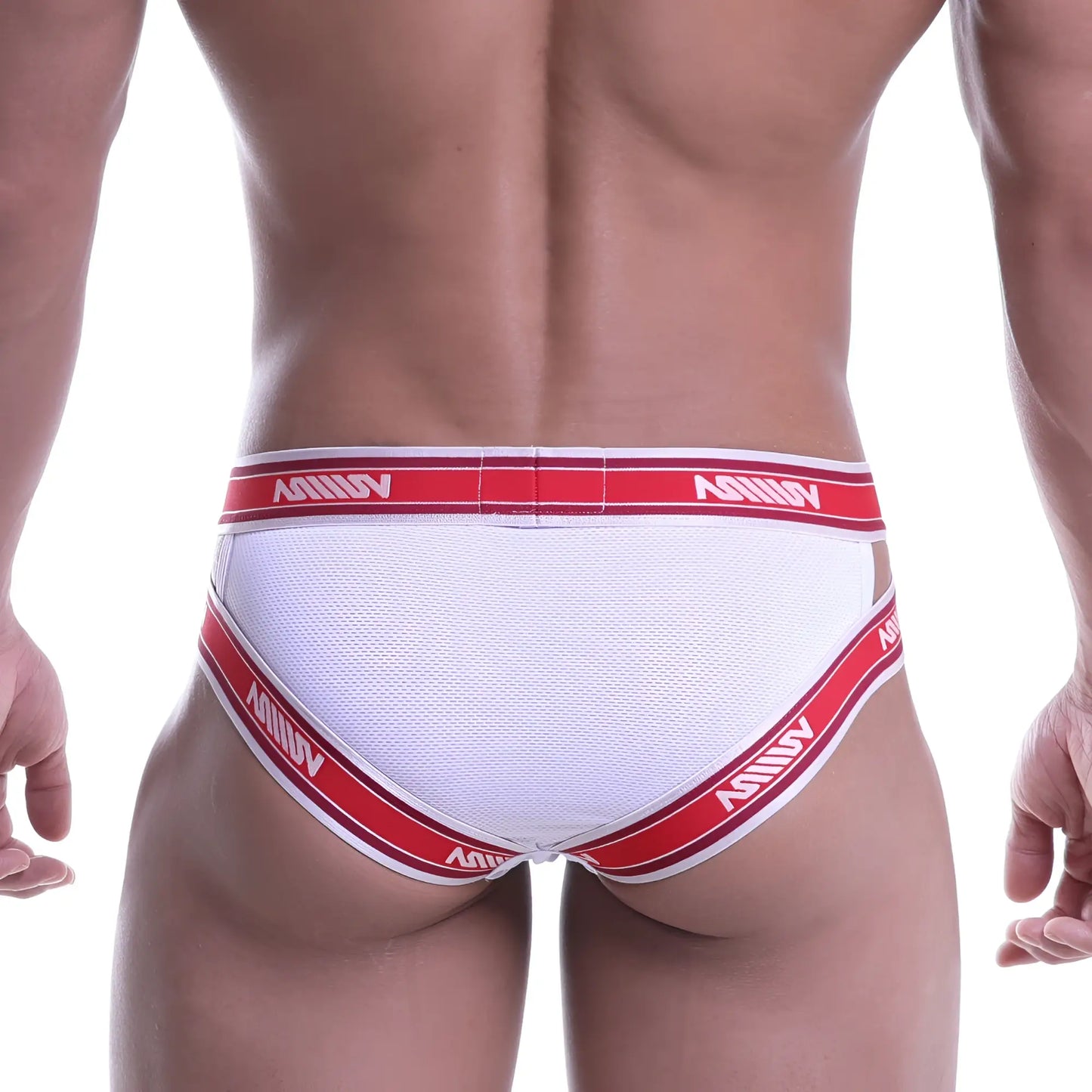 White mesh MetroMaleWear power mesh hip briefs with red and white striped elastic bands and avinny logo