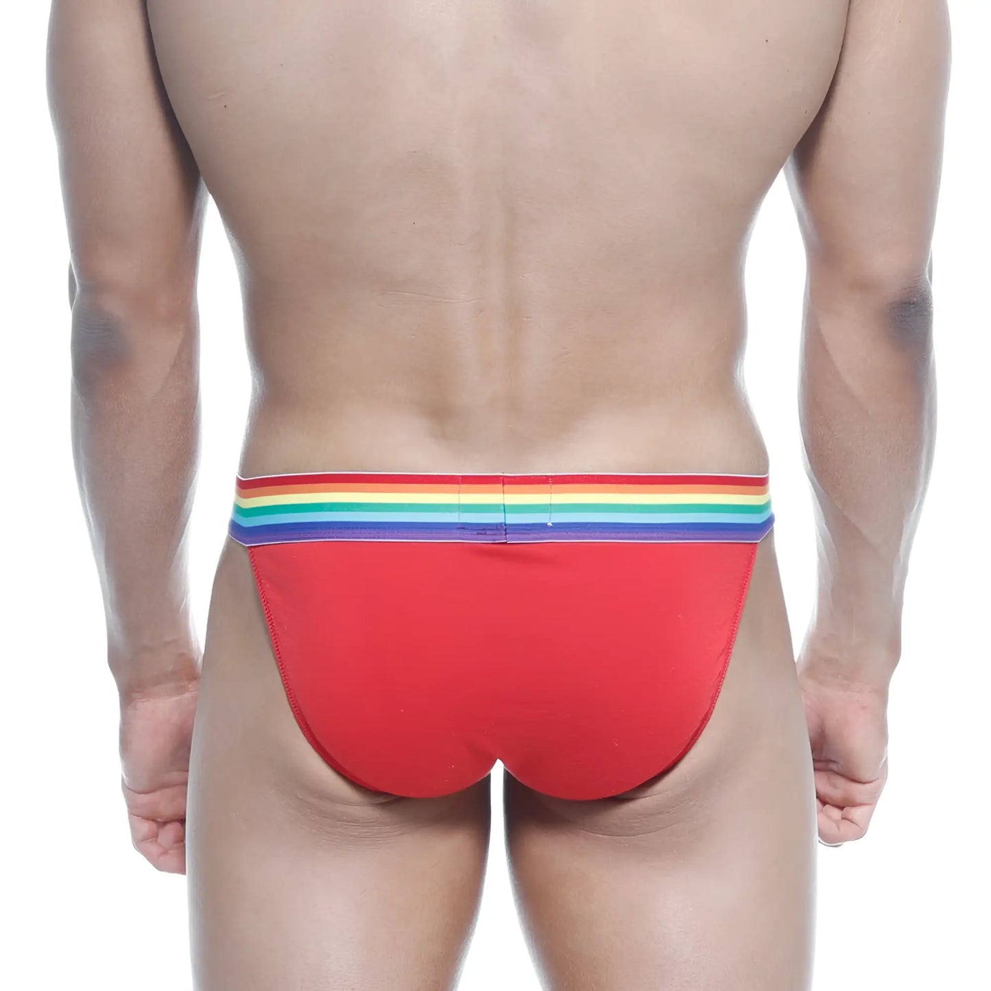 Red metroMalewear pride bikini briefs with rainbow-striped waistband made for comfortable wear