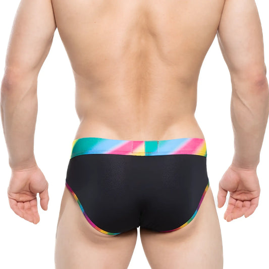 MetroMaleWear pride brief black swim trunks with vibrant rainbow-striped waistband and trim for stylish swimwear
