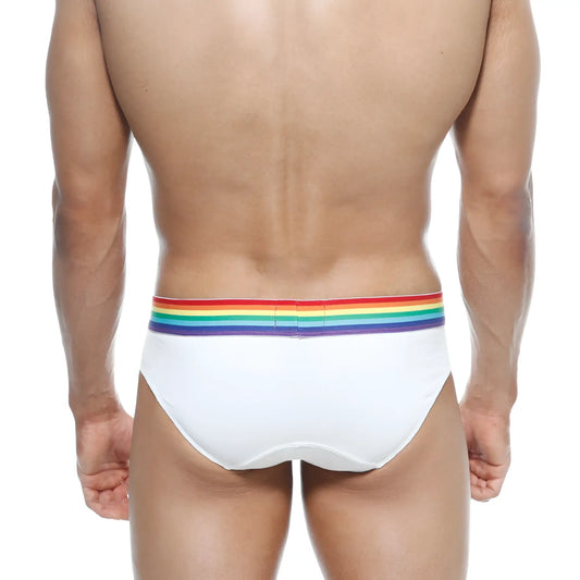MetroMaleWear pride brief white 5006-R00 white briefs with vibrant rainbow stripe on waistband for pride celebration